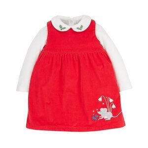 Frugi Macie Red Corduroy Dress with Embroidery Organic Holiday Christmas